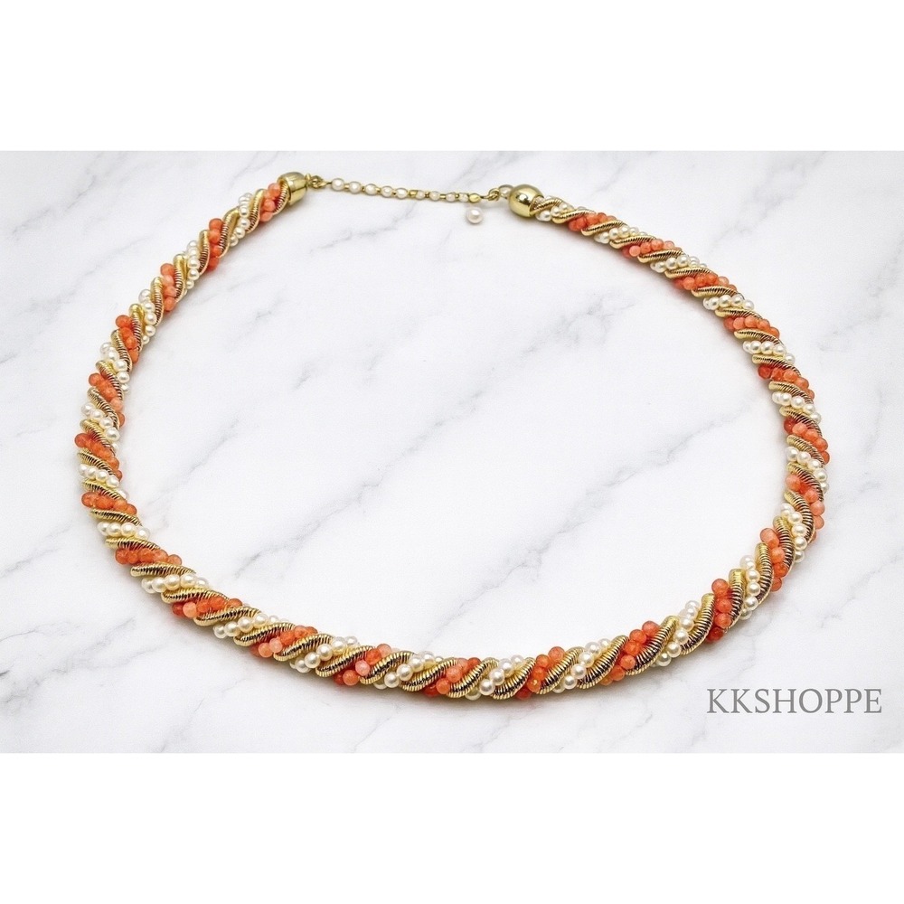 Coral Pearl‎ Gold Tone Twisted Torsade Coil 20" Necklace Spring Pastel